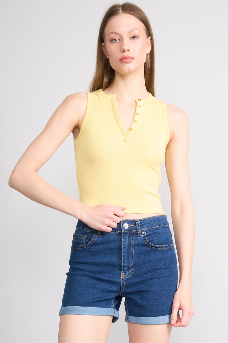 Lefon Y26 071686-K Sarı Kadın Acık Dugmelı Yaka Kolsuz Kaşkorse T-Shirt