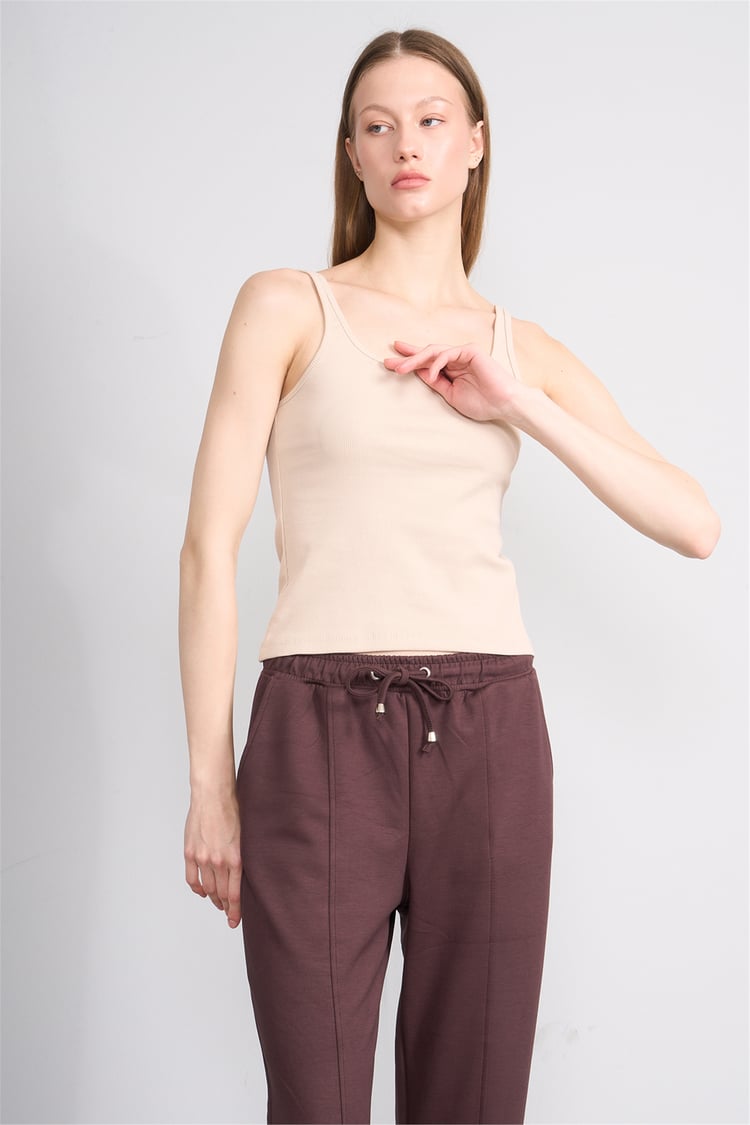 Lefon Y26 071693-K Bej Kadın Acık Yaka Kaşkorse Crop ( Askılı Crop Atlet)