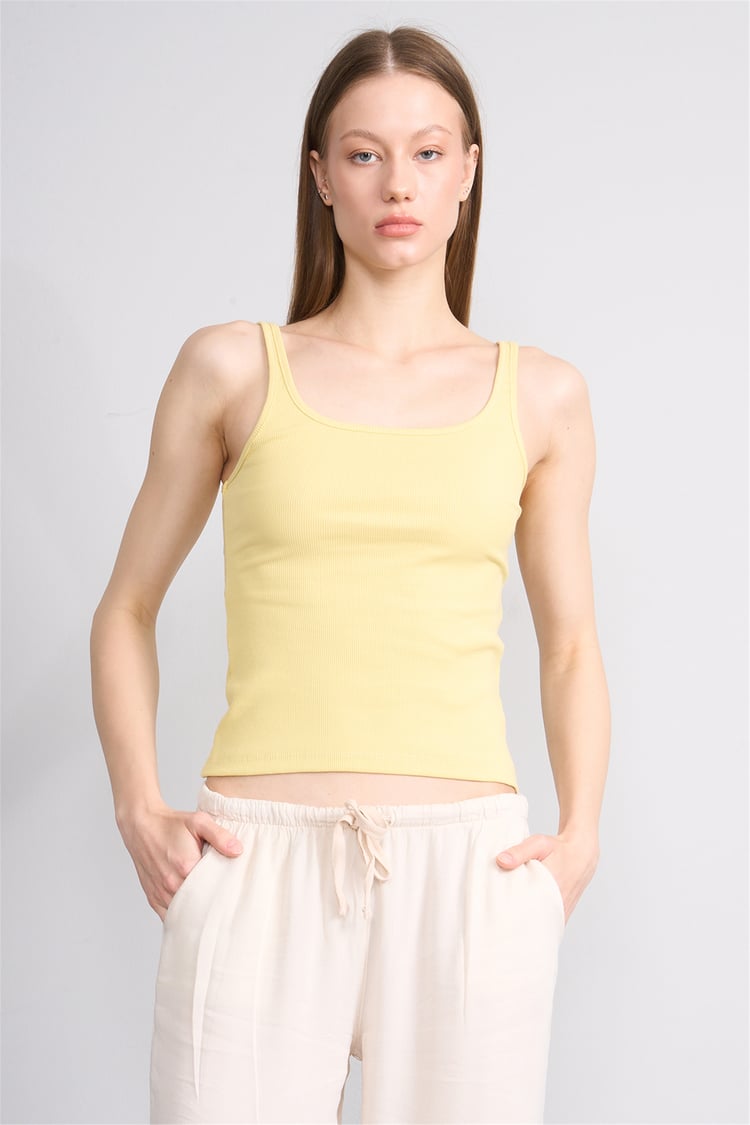 Lefon Y26 071693-K Sarı Kadın Acık Yaka Kaşkorse Crop ( Askılı Crop Atlet)