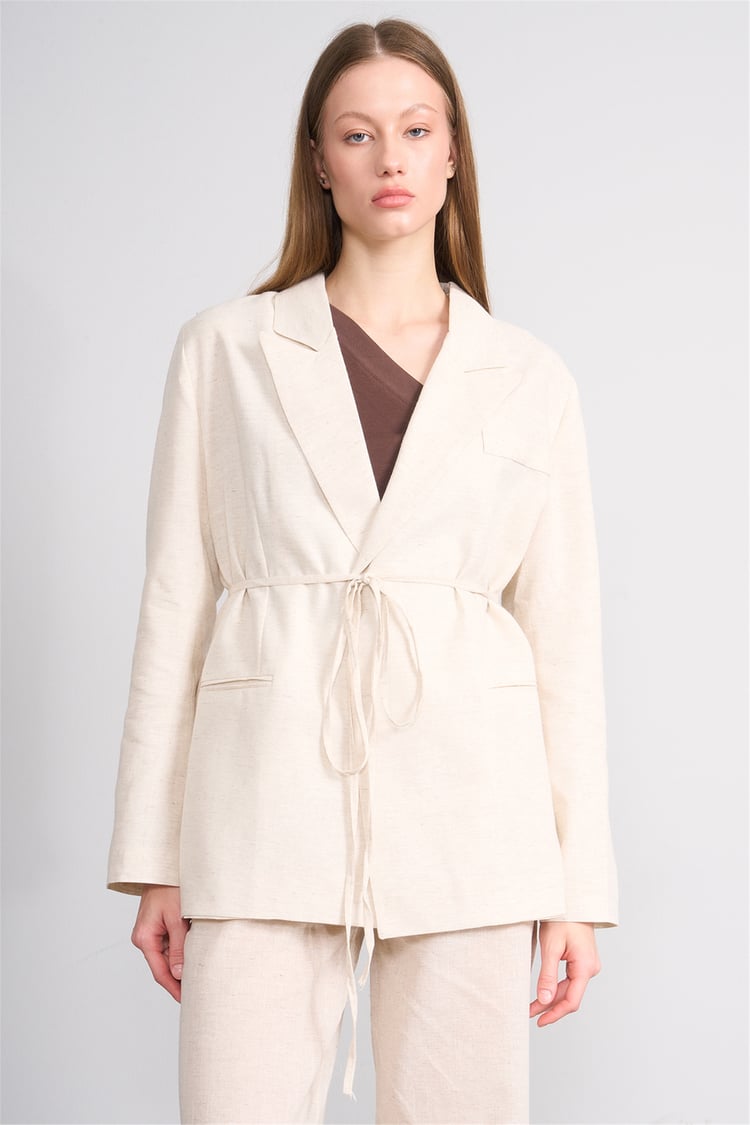 Lefon Y26 131052-K Naturel Kadın Belden Baglamalı Oversıze Ceket