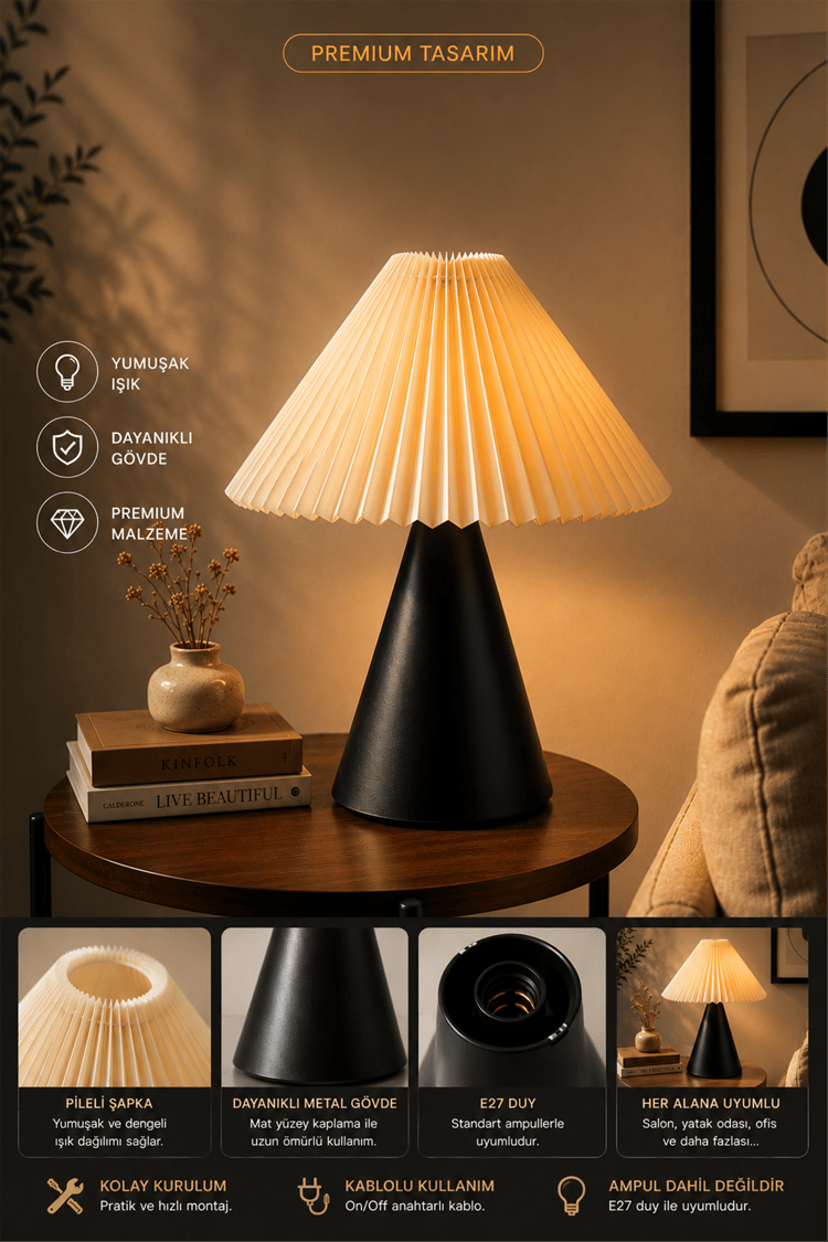 Lumexx Mantar Siyah Pileli Krem Başlıklı Masa Lambası 9094-3