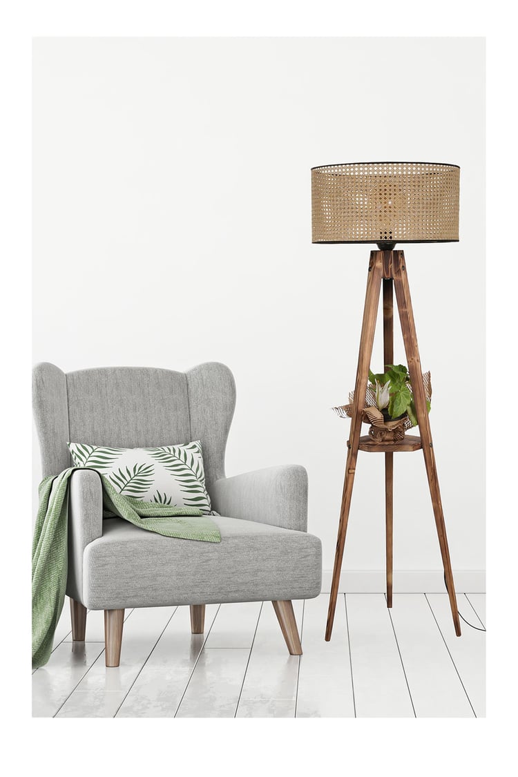 Lumexx Sehbalı Tripod Lambader Yanık Silindir Rattan Abajurlu