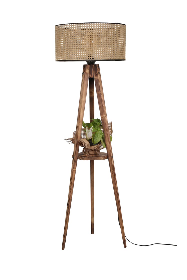 Lumexx Sehbalı Tripod Lambader Yanık Silindir Rattan Abajurlu