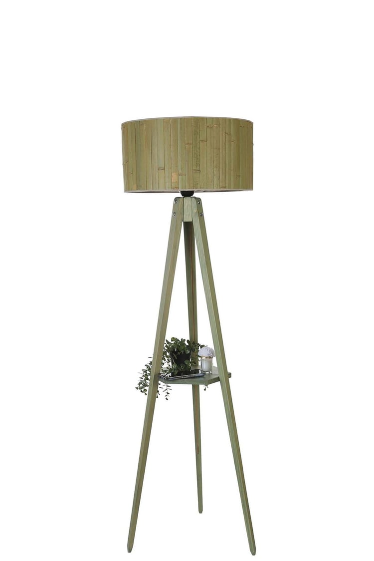 Lumexx Sehbalı Tripod Yeşil Lambader Silindir Bambu 03 Abajurlu