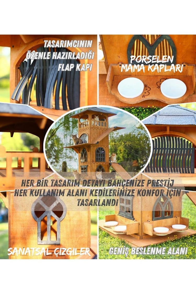Mandu Ahşap 4 Katlı Teraslı Tırmalama ve Mama Kaplı Kedi Evi MND289 