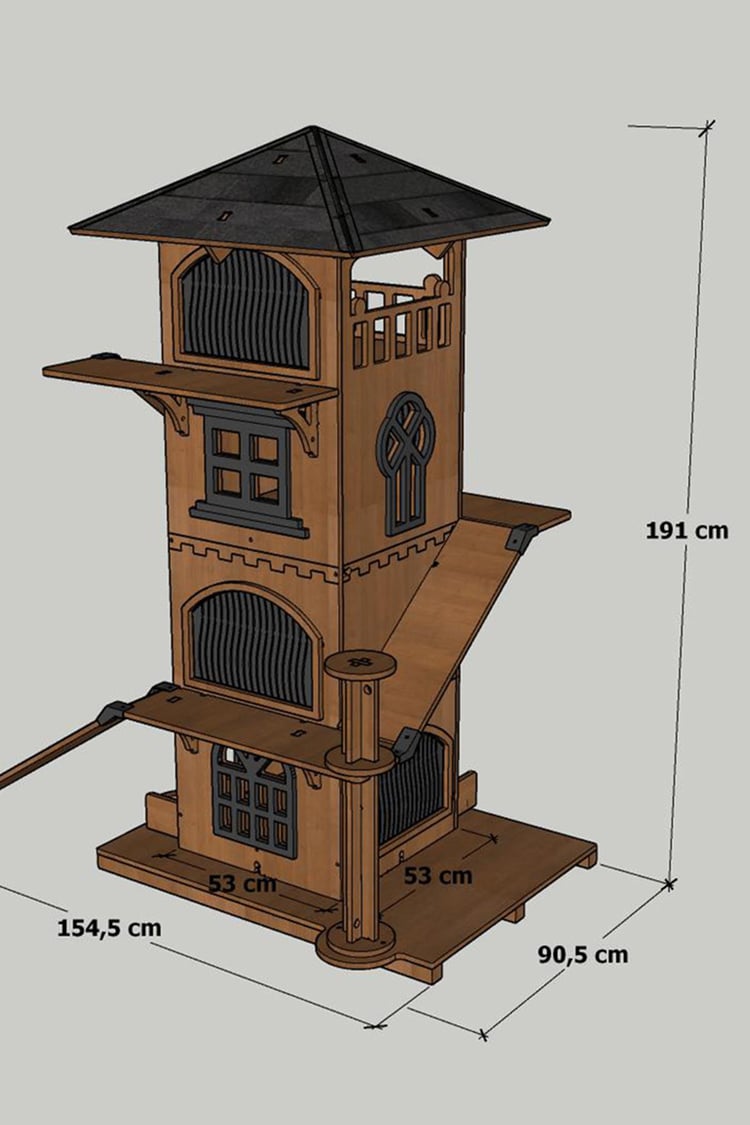 Mandu Ahşap 4 Katlı Teraslı Tırmalama ve Mama Kaplı Kedi Evi MND289 