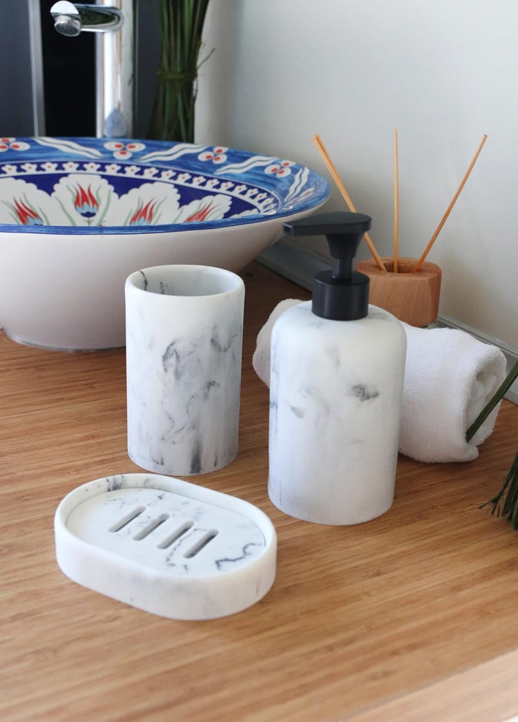 Marble Banyo Seti Siyah Beyaz 3 Parça