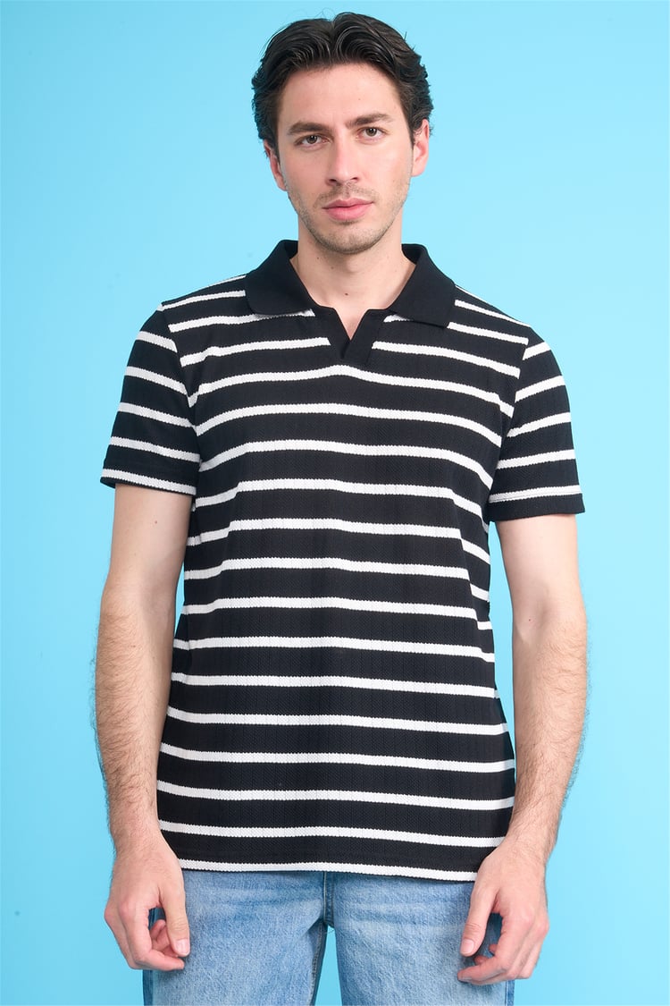 Mareteks 2662 Js Sıyah Erkek Polo V Yaka Rıngel Jakar T-Shırt