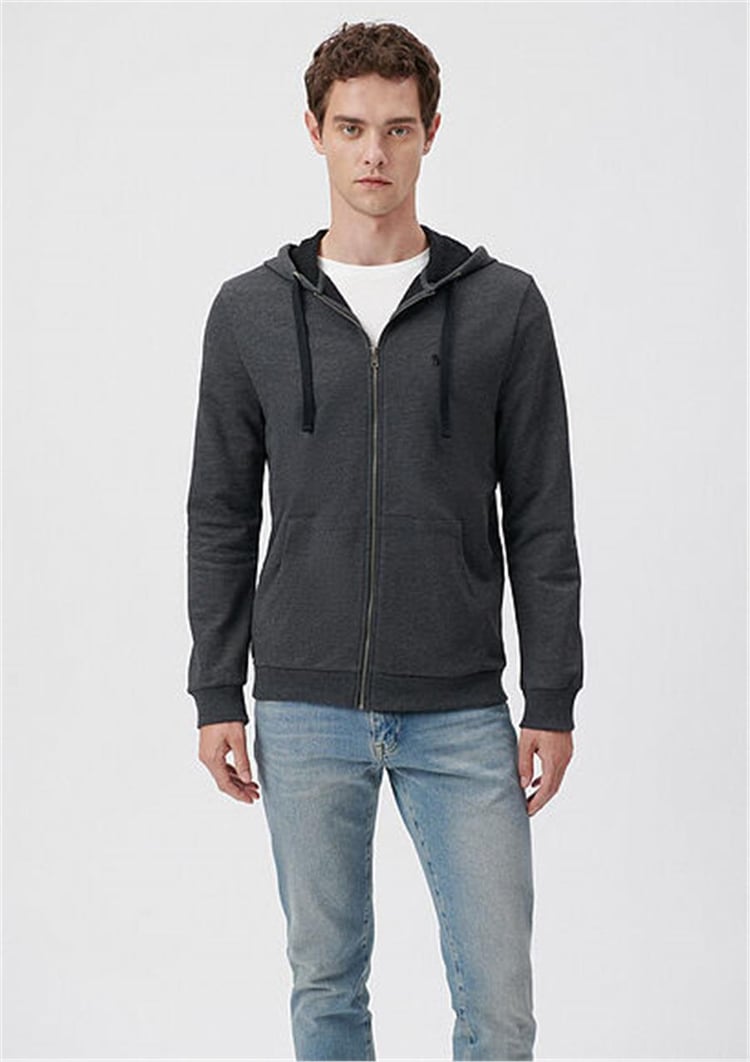 Mavi 065582-29758 38 Koyu Gri Melanj Erkek Slim Mavi Logolu Kapşonlu Fermuarlı Sweatshirt