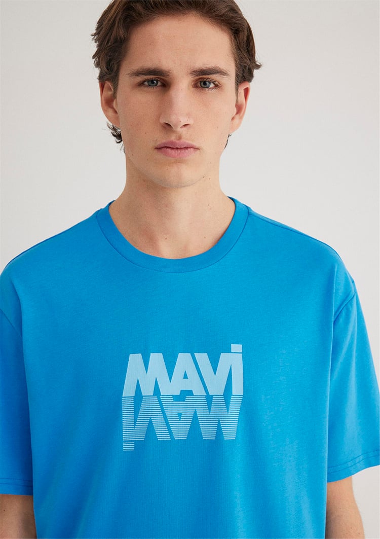Mavı M0611311-70772 Marın Mavı Erkek Loose Mavı Logo Baskılı T-Shırt