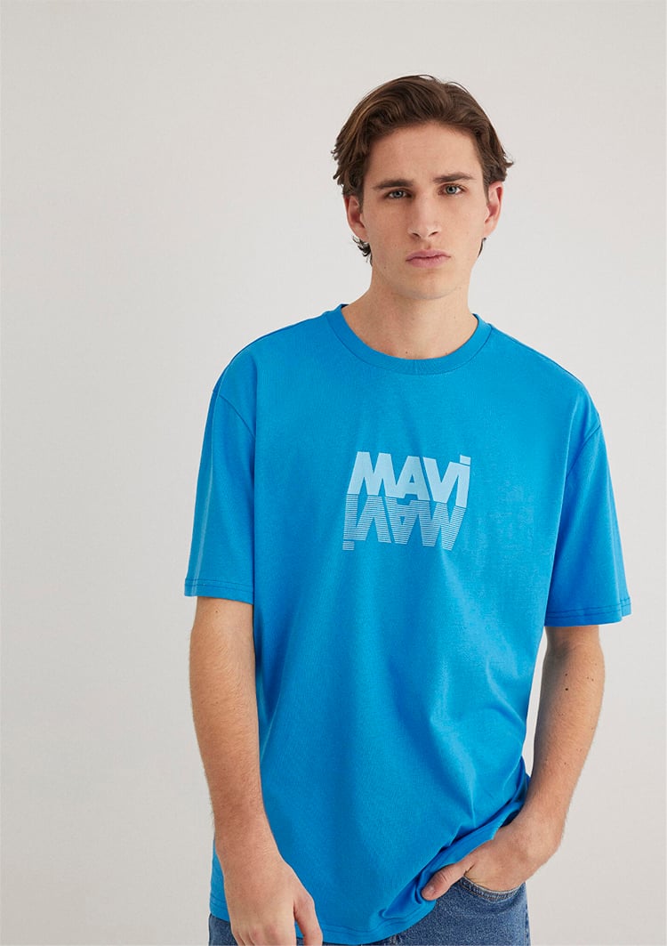 Mavı M0611311-70772 Marın Mavı Erkek Loose Mavı Logo Baskılı T-Shırt