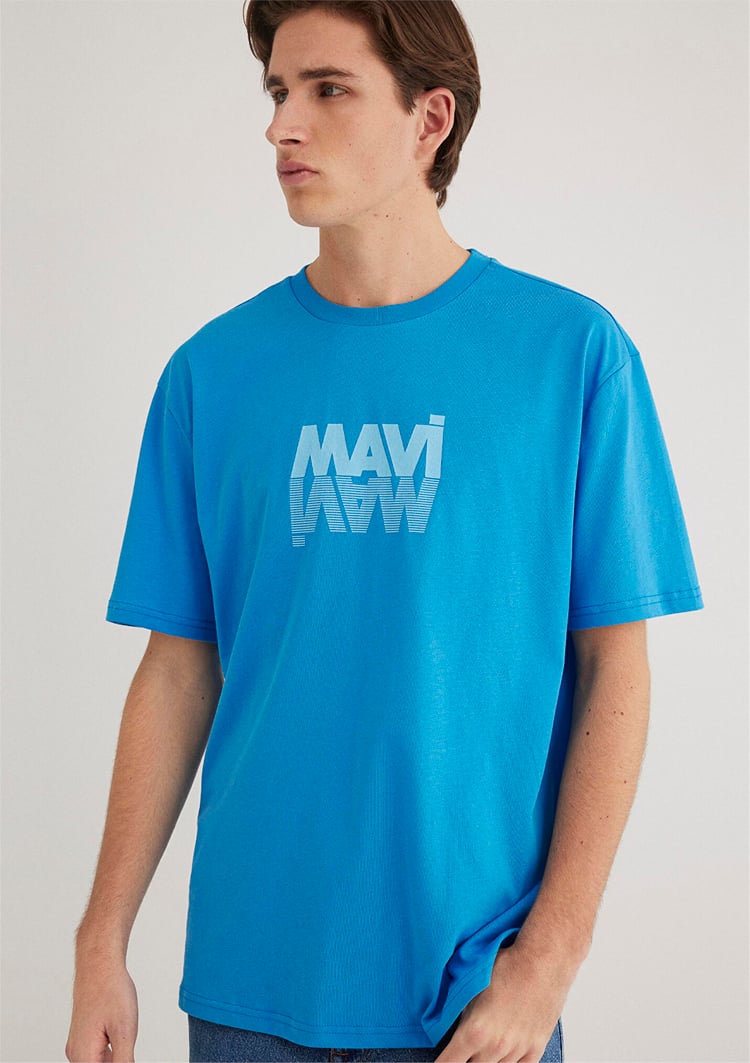 Mavı M0611311-70772 Marın Mavı Erkek Loose Mavı Logo Baskılı T-Shırt
