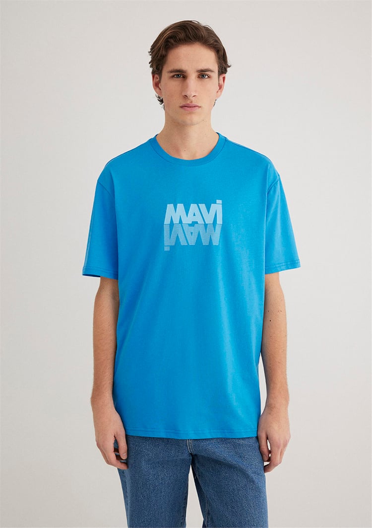 Mavı M0611311-70772 Marın Mavı Erkek Loose Mavı Logo Baskılı T-Shırt