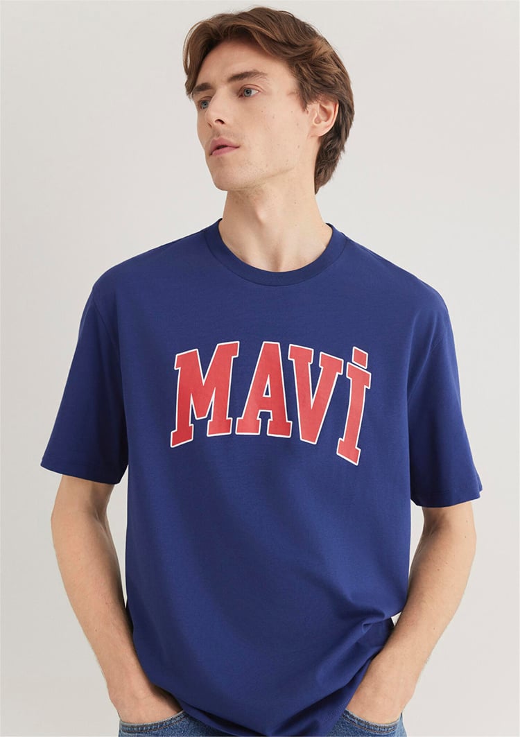Mavı M0611711-70722 Koyu Saks Mavı Erkek Loose Mavı Logo Baskılı T-Shırt