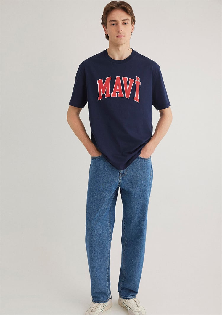 Mavı M0611711-84371 Koyu Lacıvert Erkek Loose Mavı Logo Baskılı T-Shırt