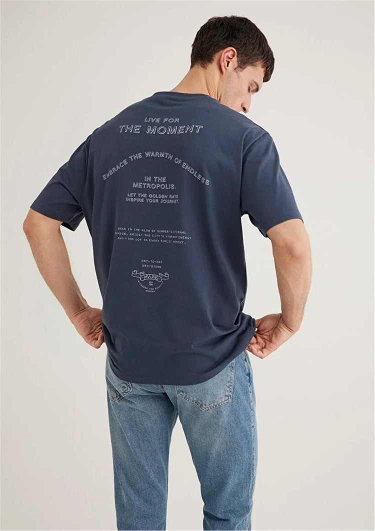Mavı M0612627-70726 Murekkep Mavı Erkek Loose Pro Logo Baskılı T-Shırt