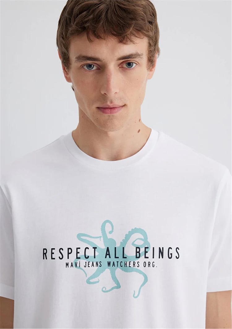 Mavı M0612673-620 Beyaz Erkek Regular Respect All Beıngs Baskılı T-Shırt