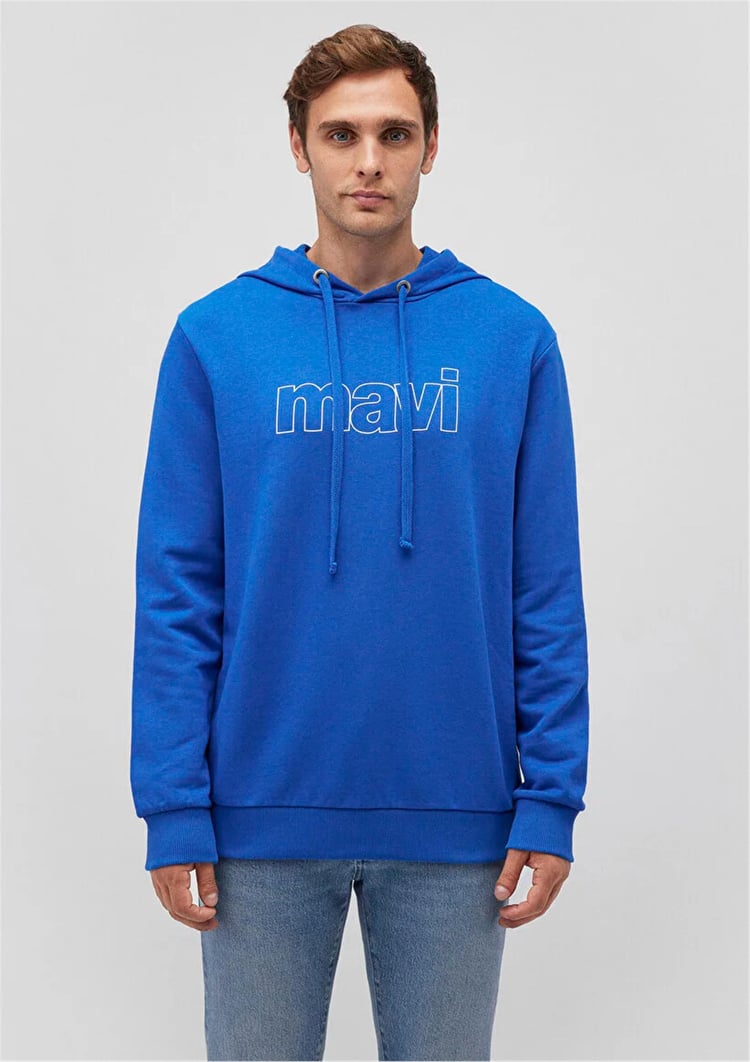 Mavi M065606-70913 Saks Erkek Mavi Logo Baskılı Kapüşonlu Sweatshirt