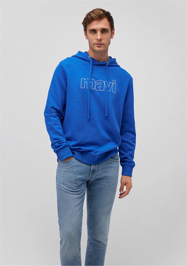 Mavi M065606-70913 Saks Erkek Mavi Logo Baskılı Kapüşonlu Sweatshirt