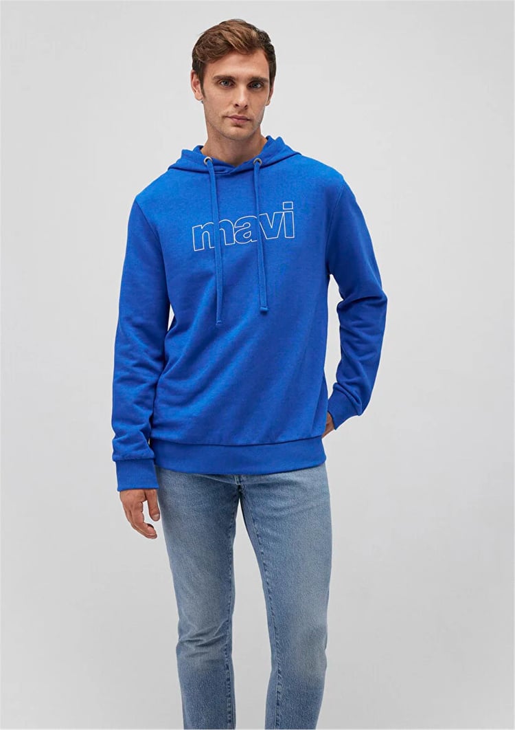 Mavi M065606-70913 Saks Erkek Mavi Logo Baskılı Kapüşonlu Sweatshirt