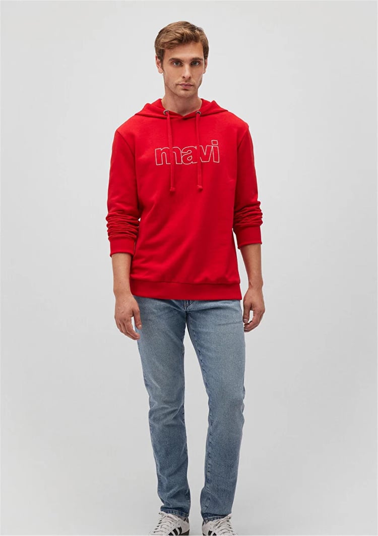 Mavi M065606-82054 Acı Kırmızı Erkek Regular Mavi Logo Baskılı Kapüşonlu Sweatshirt