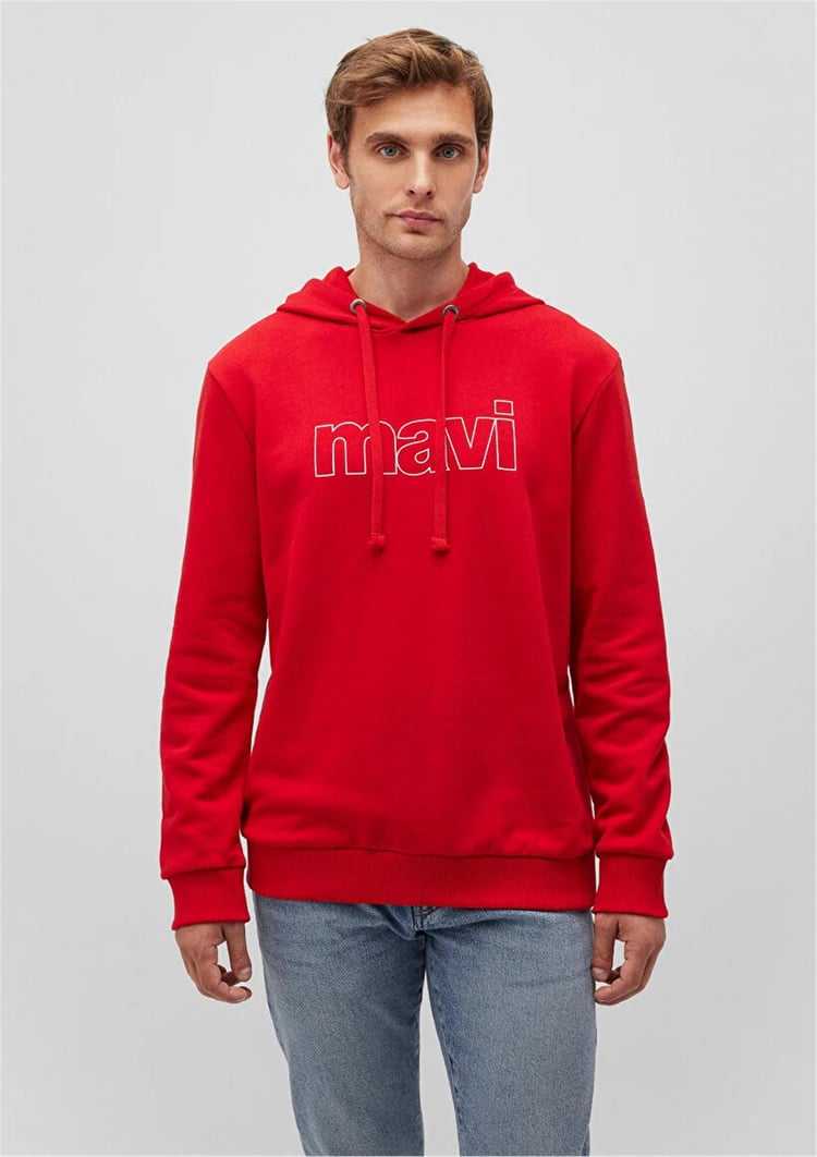 Mavi M065606-82054 Acı Kırmızı Erkek Regular Mavi Logo Baskılı Kapüşonlu Sweatshirt