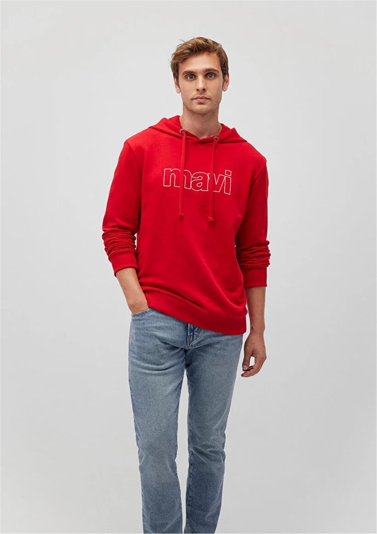 Mavi M065606-82054 Acı Kırmızı Erkek Regular Mavi Logo Baskılı Kapüşonlu Sweatshirt
