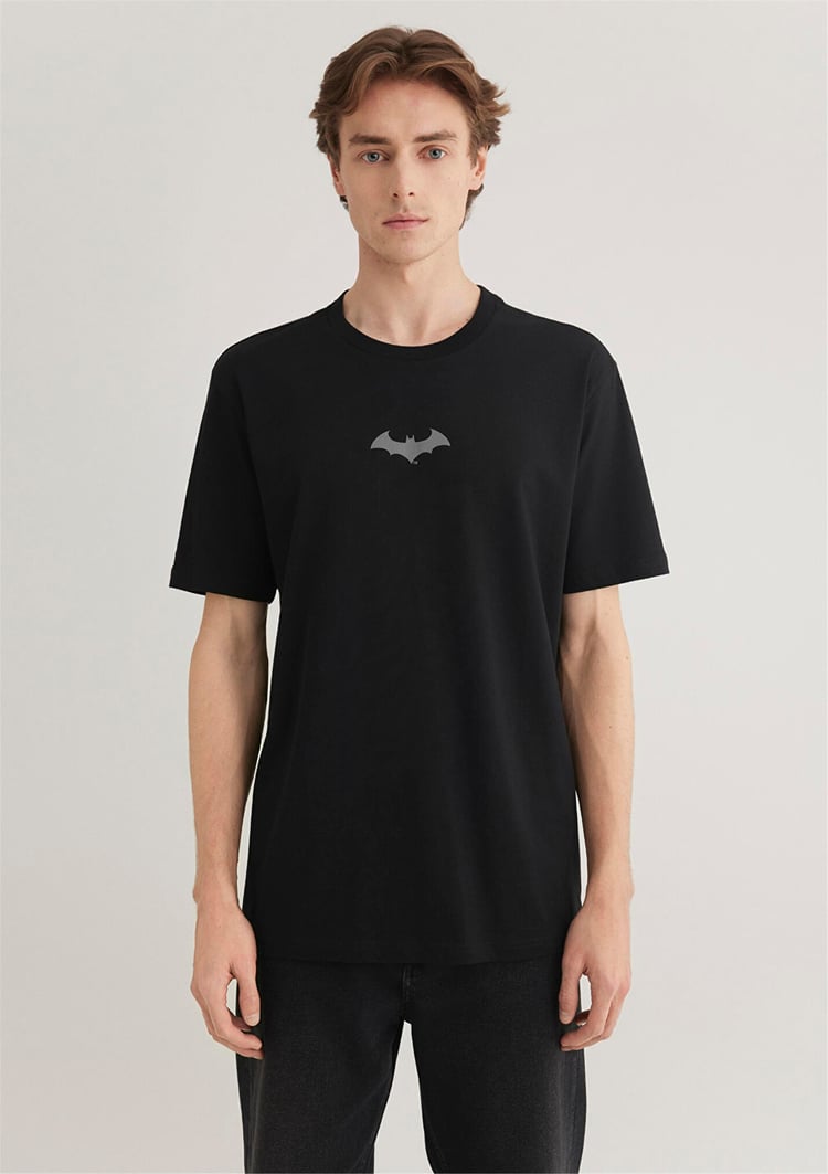 Mavi M066878-900 Siyah Erkek Batman Reflektor Baskılı T-Shirt