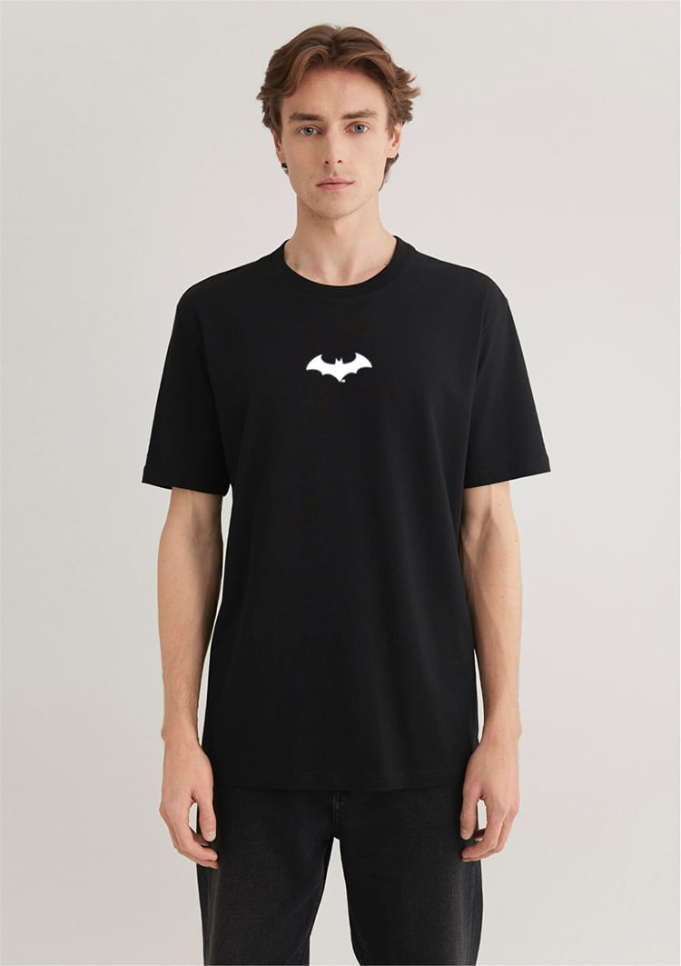 Mavi M066878-900 Siyah Erkek Batman Reflektor Baskılı T-Shirt