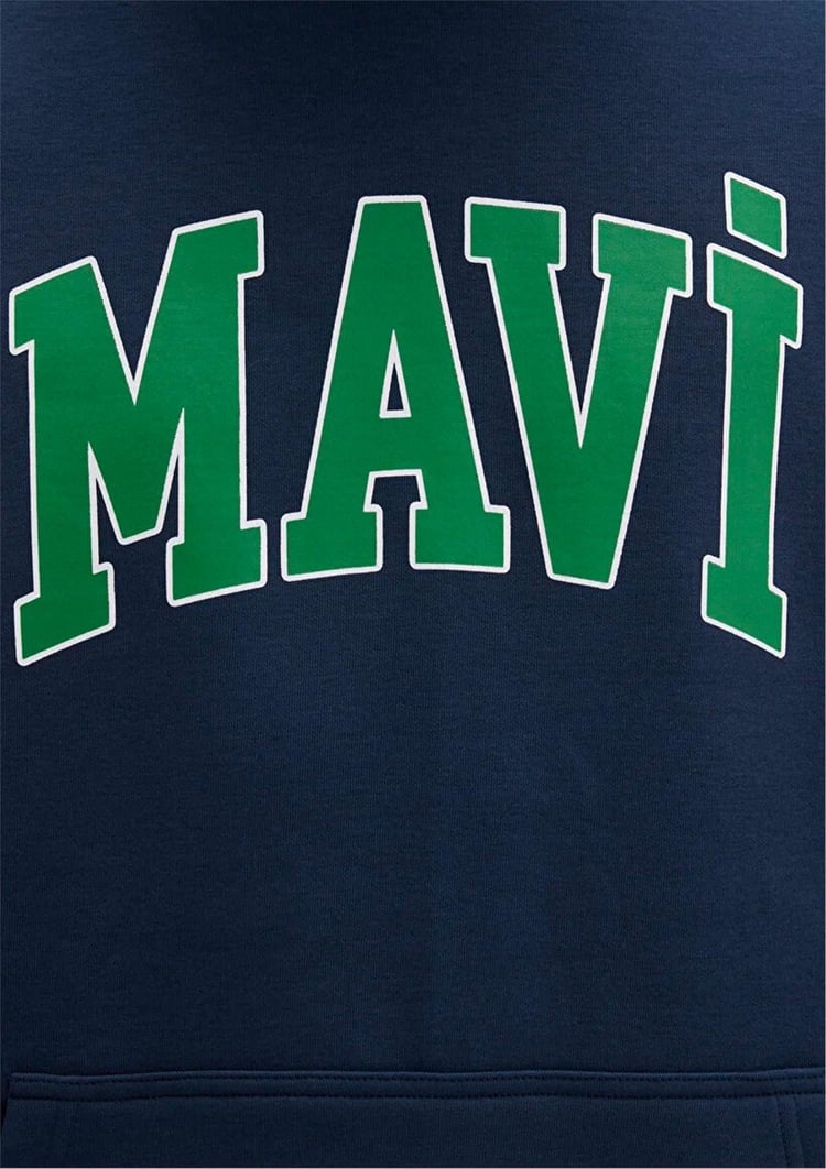Mavı M067149-29743 Gece Lacıvert Erkek Mavı Logo Baskılı Kapusonlu Oversıze Sweatshırt