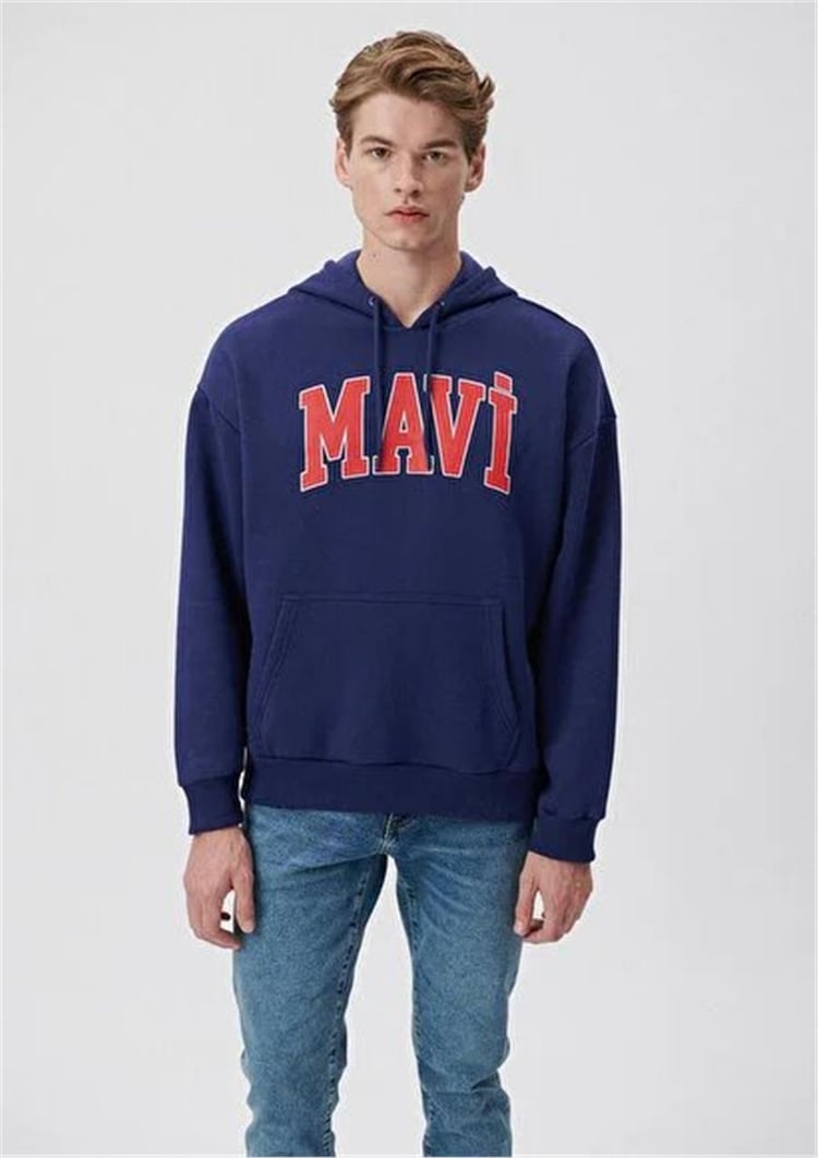 Mavi M067149-70722 Koyu Saks Mavi Erkek Oversize Kapuşonlu Logo Sweatshirt