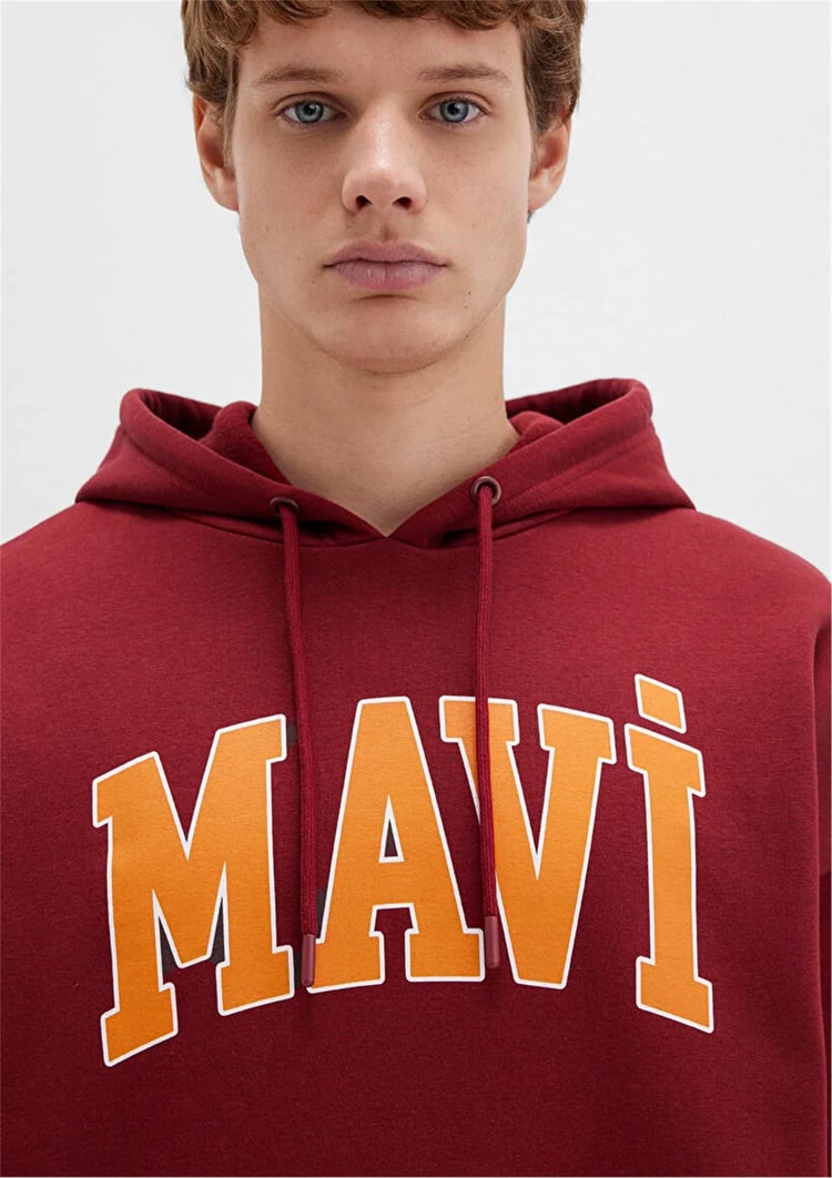 Mavı M067149-85493 Koyu Bordo Erkek Mavı Logo Baskılı Kapusonlu Oversıze Sweatshırt