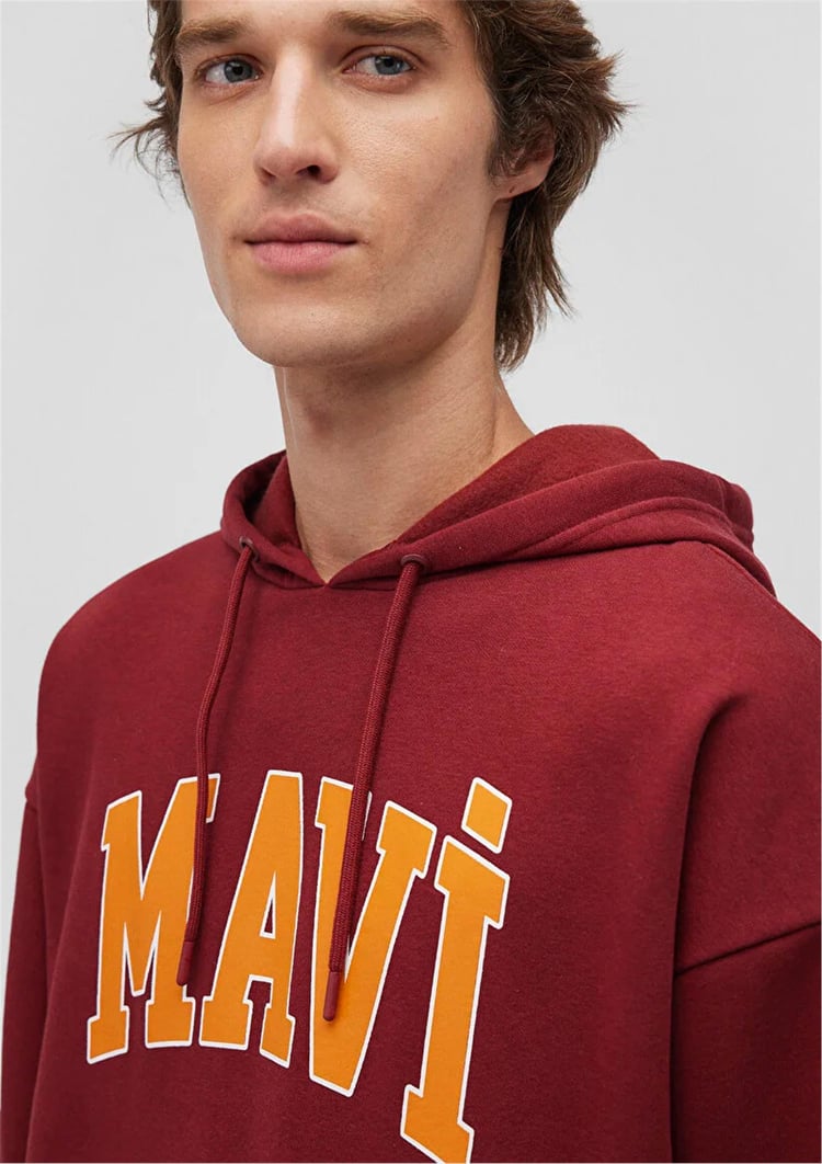 Mavı M067149-85493 Koyu Bordo Erkek Mavı Logo Baskılı Kapusonlu Oversıze Sweatshırt
