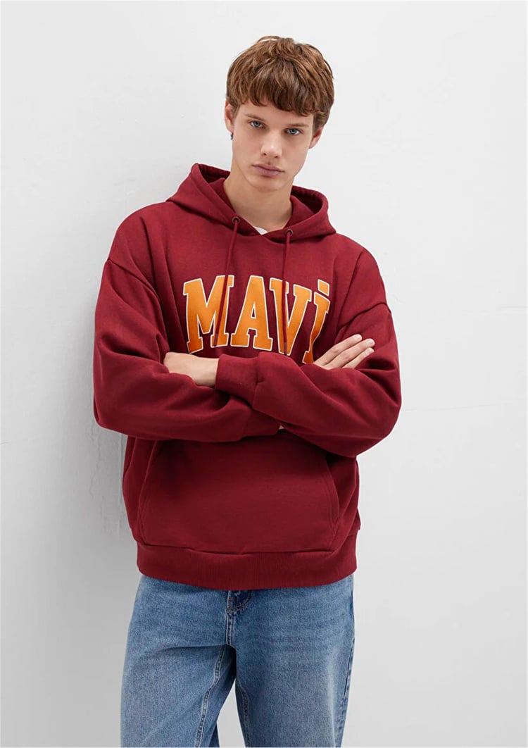 Mavı M067149-85493 Koyu Bordo Erkek Mavı Logo Baskılı Kapusonlu Oversıze Sweatshırt