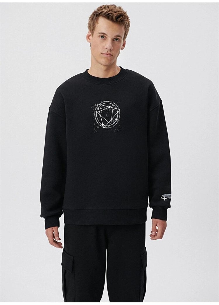 Mavi M0S10042-900 Siyah Erkek Baskılı Bisiklet Yaka Sweatshirt