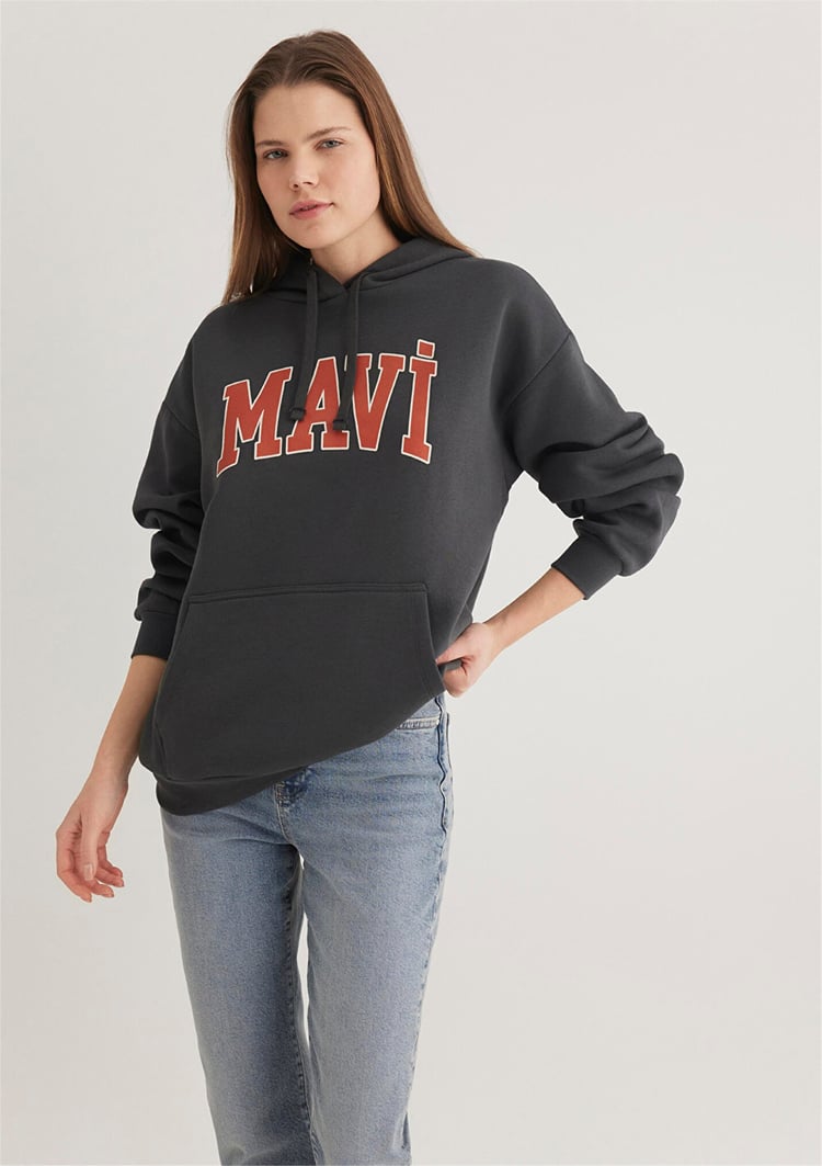 Mavi M1600361-80106 Antrasit Kadın Oversize Kapuşonlu Logo