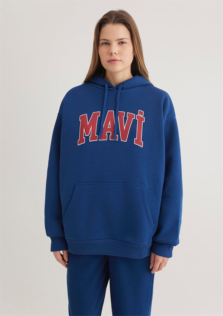 Mavi M1600361-82625 Koyu Lavicert Kadın Oversize Kapuşonlu Logo Sweatshirt