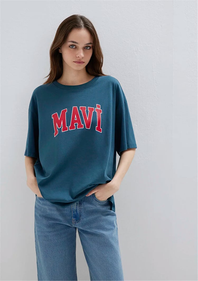 Mavı M1600843-70771 Yıldız Mavı Kadın Oversıze Mavı Baskılı T-Shırt