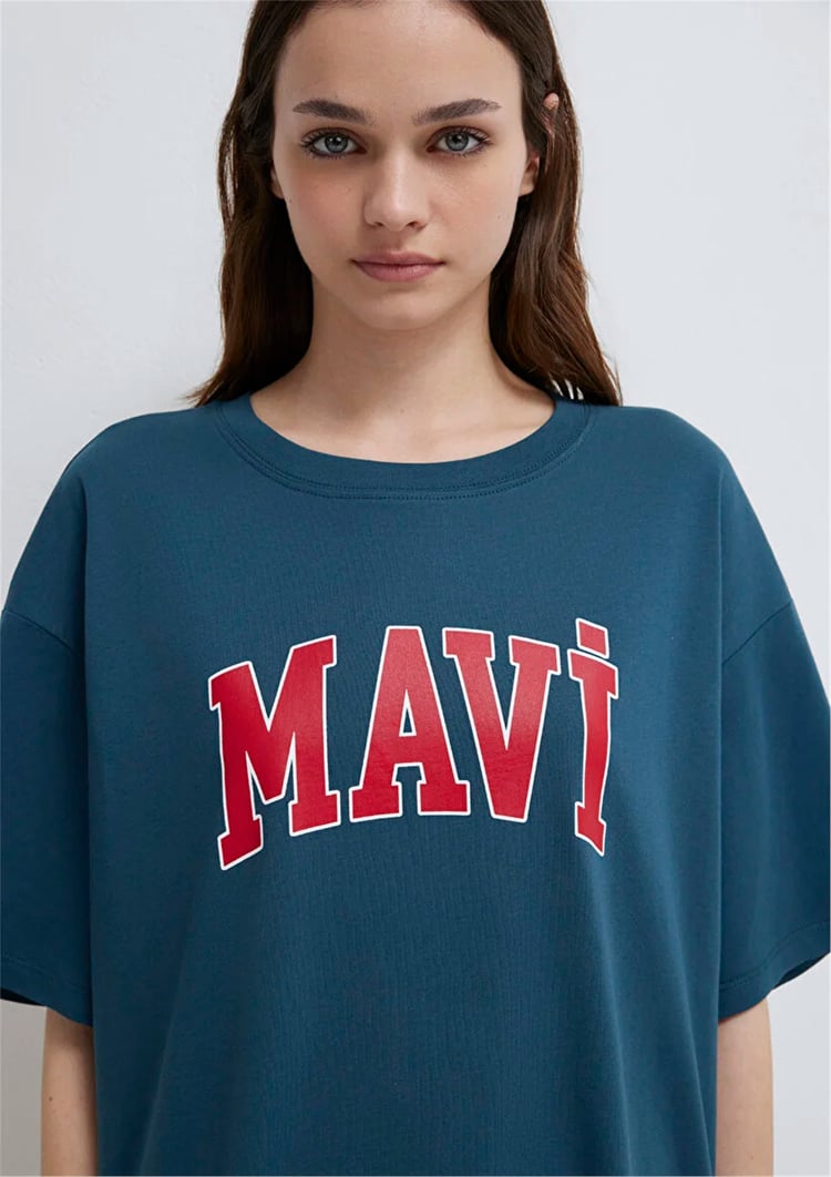 Mavı M1600843-70771 Yıldız Mavı Kadın Oversıze Mavı Baskılı T-Shırt