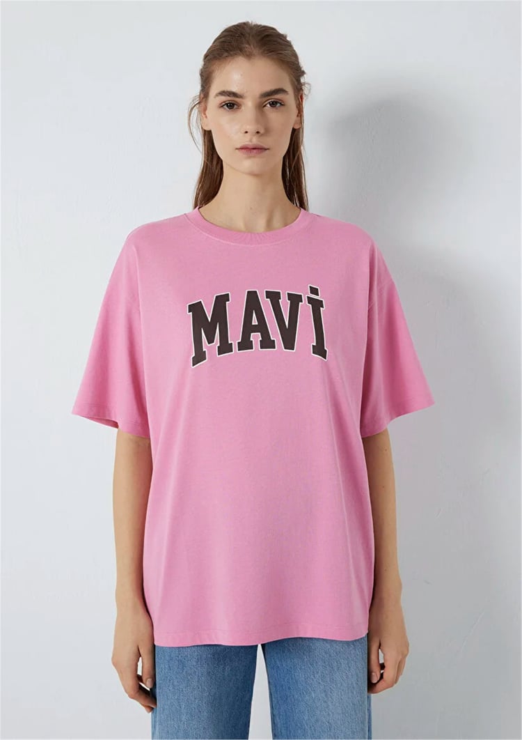 Mavı M1600843-71063 Cashmere Rose Kadın Oversıze Mavı Baskılı T-Shırt
