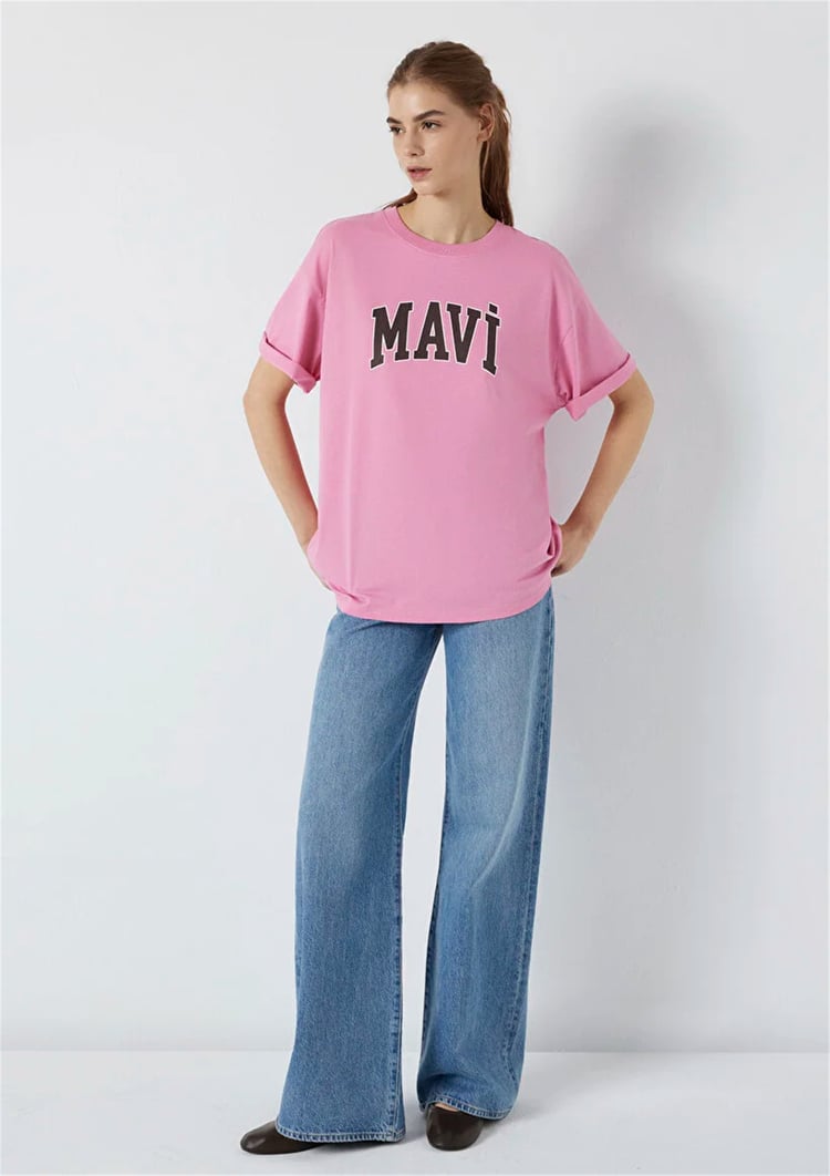 Mavı M1600843-71063 Cashmere Rose Kadın Oversıze Mavı Baskılı T-Shırt