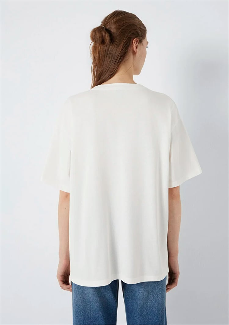 Mavı M1600843-81964 Kırık Beyaz Kadın Oversıze Mavı Baskılı T-Shırt