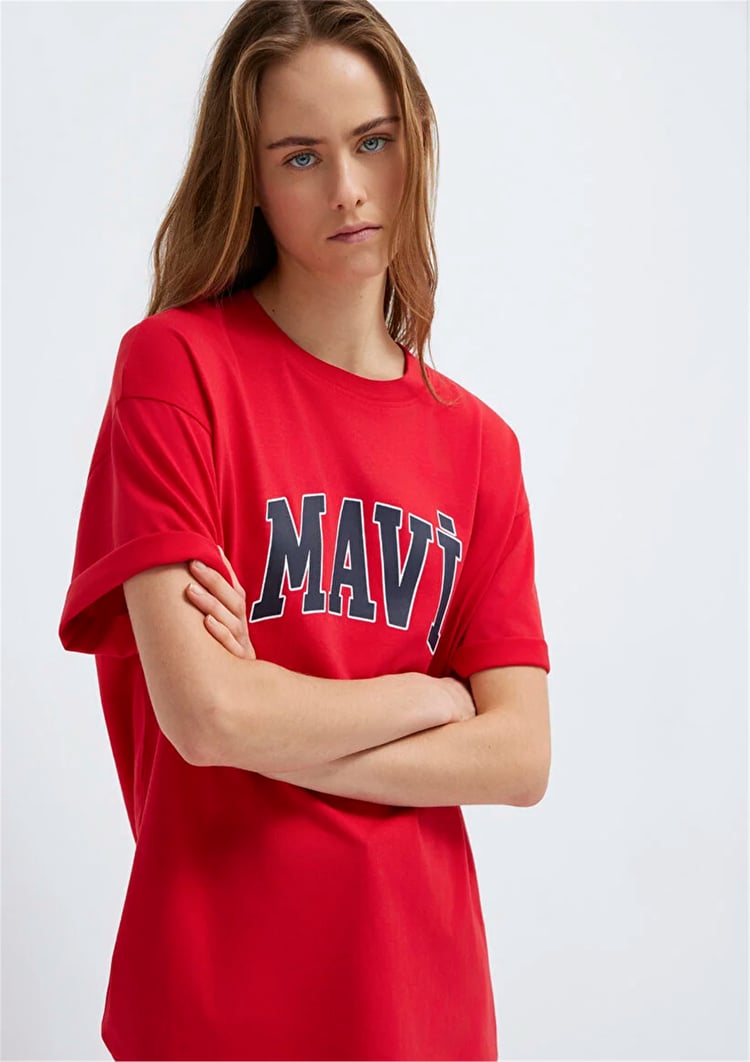 Mavi M1600843-82054 Acı Kırmızı Kadın Oversıze Mavi Baskılı T-shirt