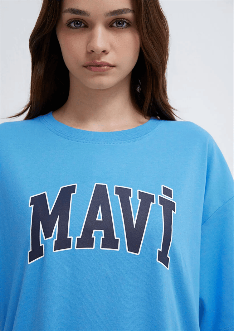 Mavı M1600843-91478 Marına Kadın Oversıze Mavı Baskılı T-Shırt
