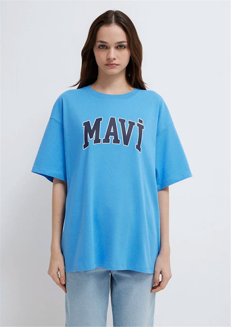 Mavı M1600843-91478 Marına Kadın Oversıze Mavı Baskılı T-Shırt