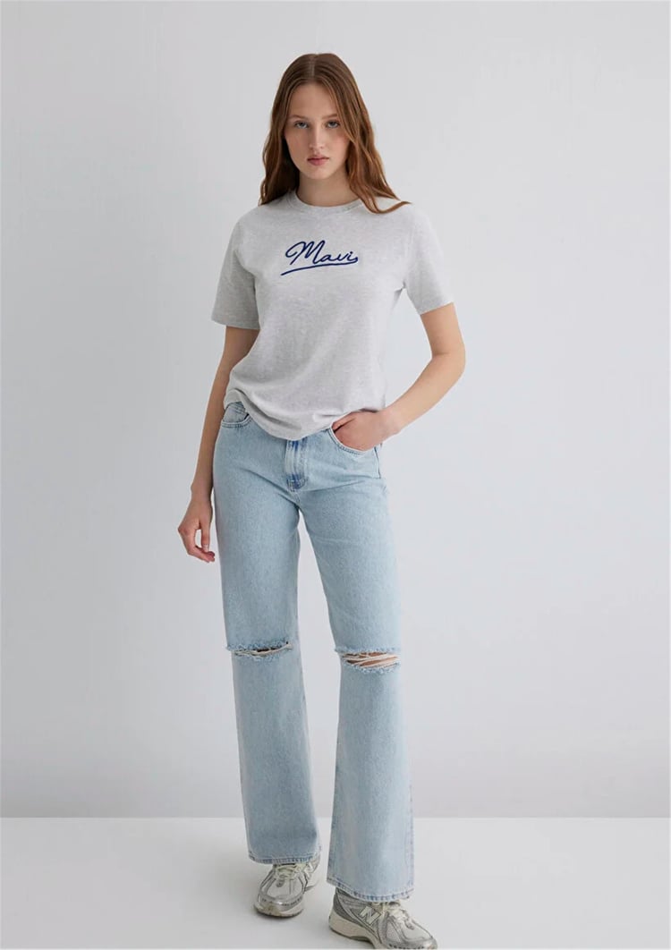 Mavı M1612421-87033 Lıght Grey Melange Kadın Regular Mavı Jeans Baskılı T-Shırt
