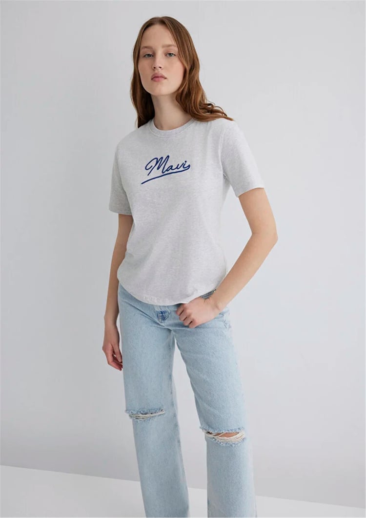 Mavı M1612421-87033 Lıght Grey Melange Kadın Regular Mavı Jeans Baskılı T-Shırt