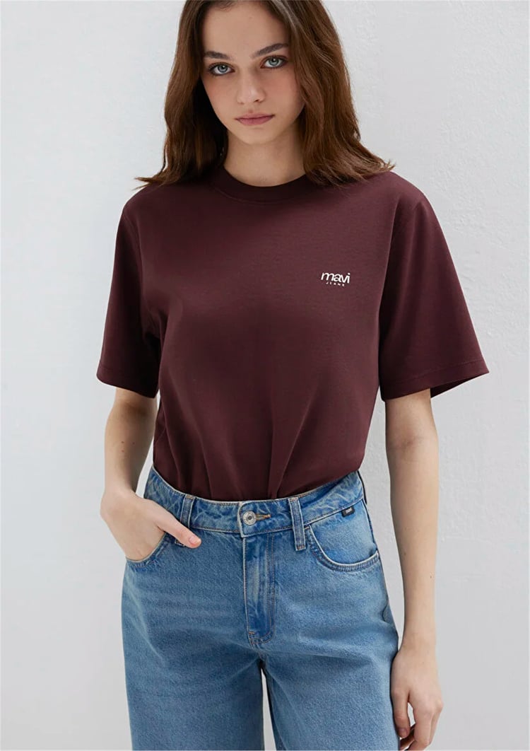 Mavı M1613804-70223 Karamel Kadın Regular Mavı Logo Baskılı T-Shırt