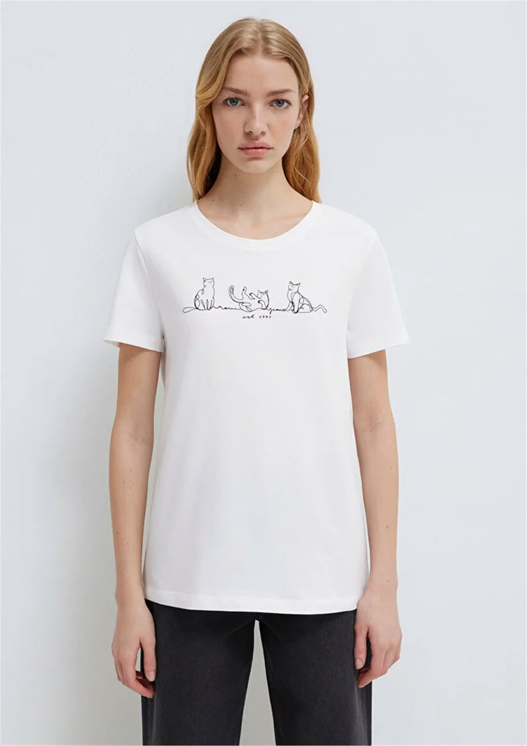 Mavi Y26 M1613721-620 Beyaz Kadın Slim Kedi Baskılı T-shirt