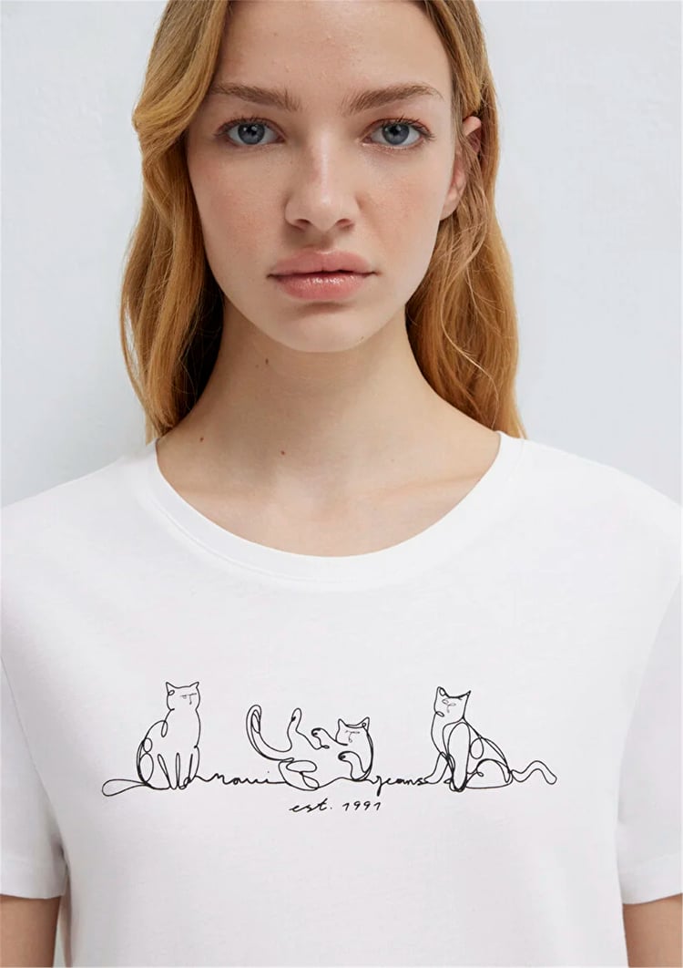 Mavi Y26 M1613721-620 Beyaz Kadın Slim Kedi Baskılı T-shirt